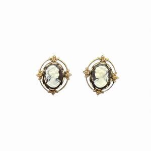 Vintage Gold Openwork Black & White Victorian Lady L&R Cameo Stud Earrings